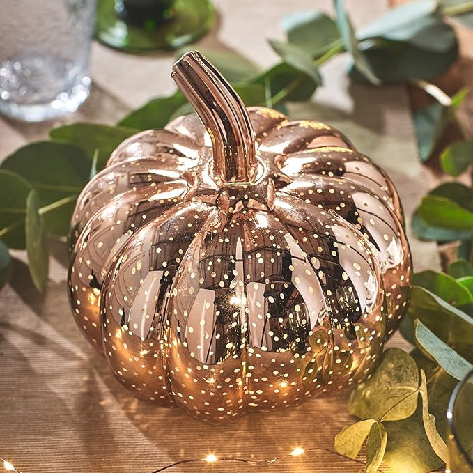 Lights4fun - Zucca Decorativa in Vetro Oro Rosato ad Effetto Punteggiato con LED Bianco Caldo a P... | Amazon (IT)