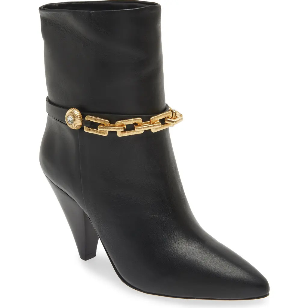Avec Les Filles Spencer Golden Chain Pointed Toe Leather Bootie in Black at Nordstrom, Size 6 | Nordstrom