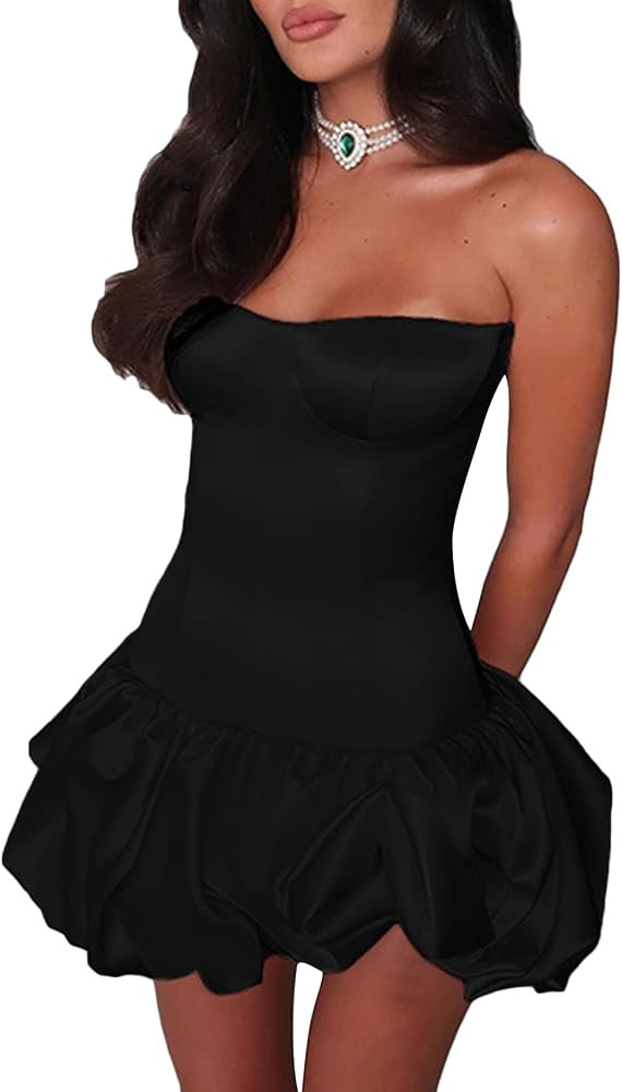 Women's Summer Strapless Bubble Mini Dress Ruched Ruffle Flowy A Line Dress Tube Top Dresses Part... | Amazon (US)