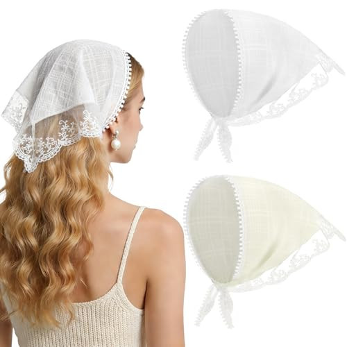 BOARDFEB Elegant Lace Triangle Head Scarf Set, 2 Pack Hollow out Floral Hair Bandana for Women (White and Beige) | Amazon (US)