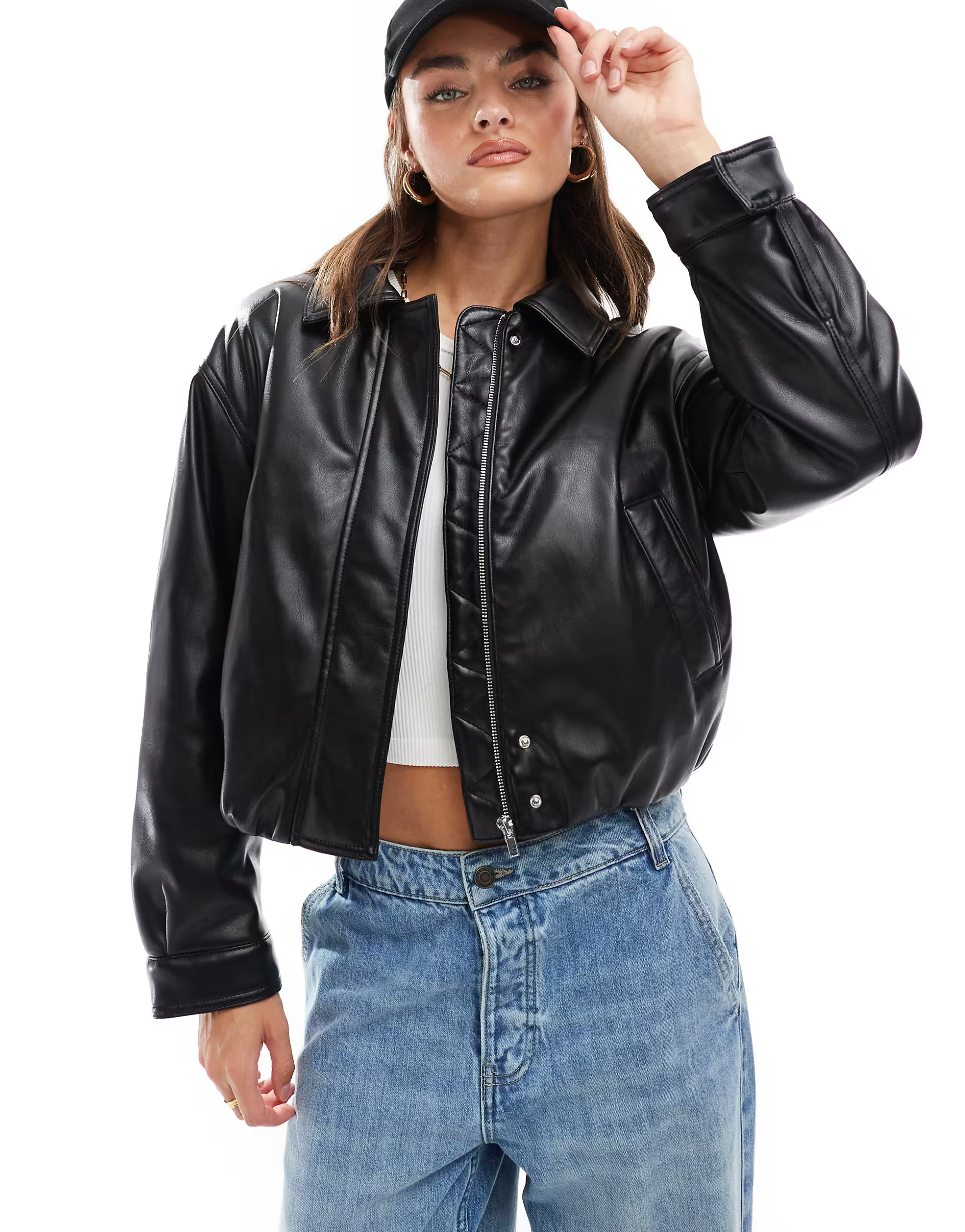 ASOS DESIGN clean leather look bomber jacket in black | ASOS | ASOS (Global)