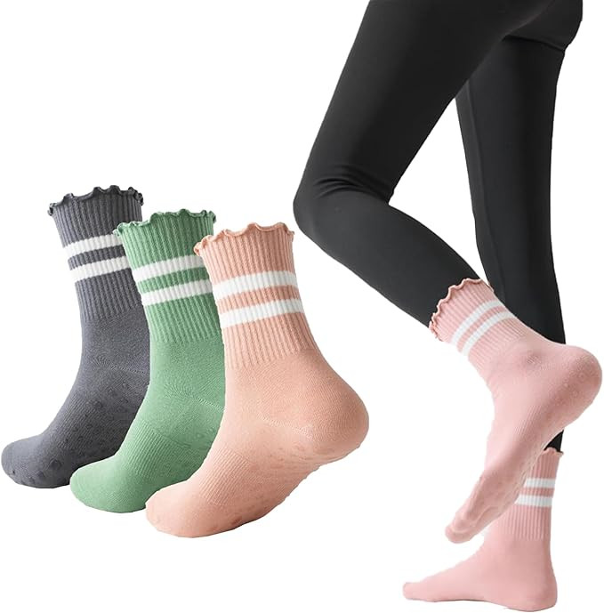 3 Pairs Pilates Socks with Grips Non-slip Yoga Crew Sock Ruffle Striped Sock for Gym Hospital Sti... | Amazon (US)