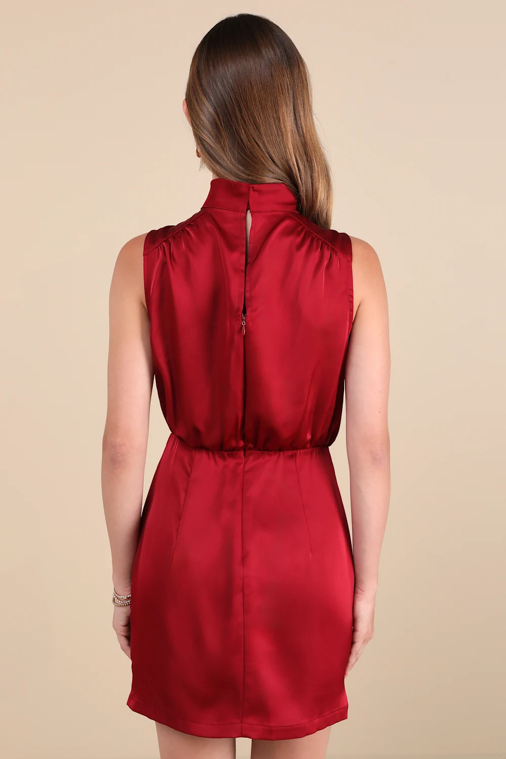Classic Elegance Wine Red Satin Sleeveless Mock Neck Mini Dress | Lulus