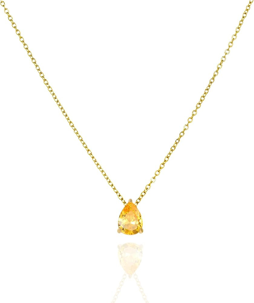 QueenBee Dainty Teardrop Gemstone Pendant Necklace, Birthstone Necklace 14 Gold Plated Chain, Del... | Amazon (US)