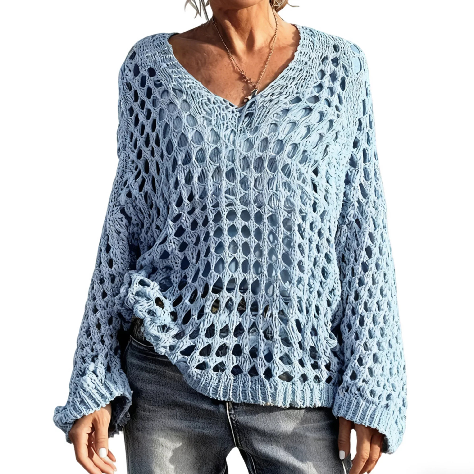 Womens V Neck Long Sleeve Hollow Out Knit Cover Up Beach Shirt Top | Kohl's
