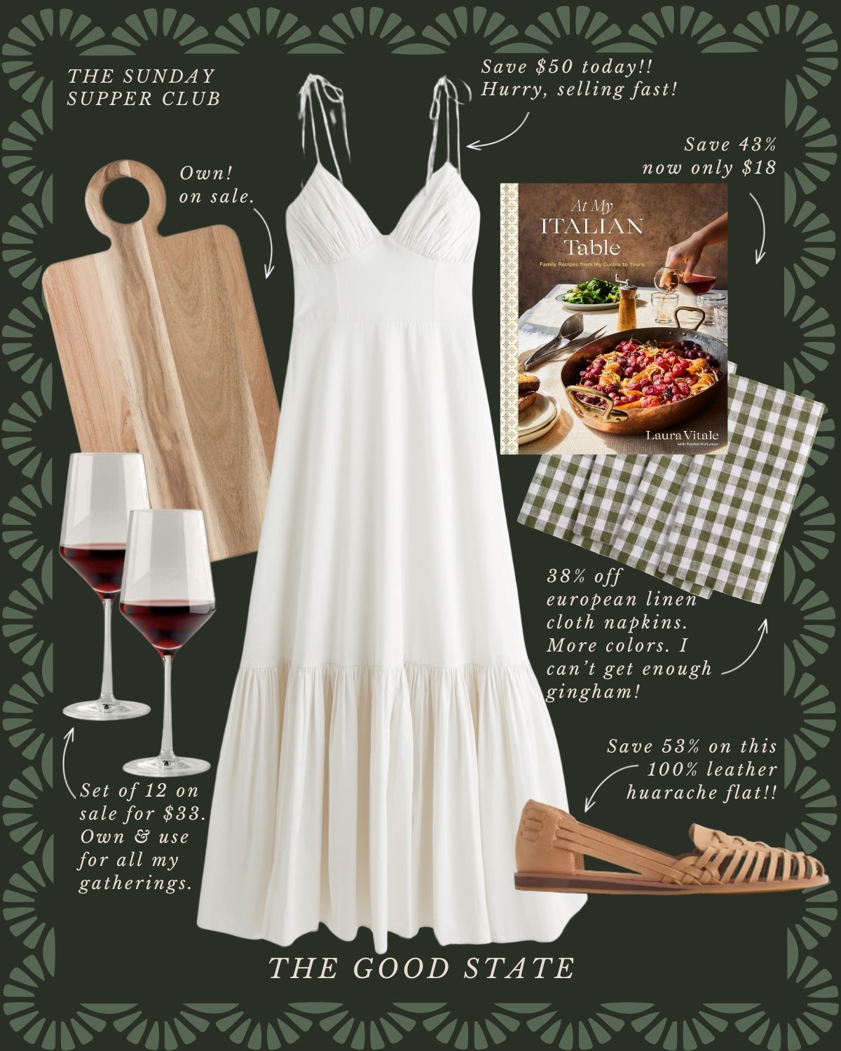 The Sunday Supper Club🍅 To the ladies who find beauty in the fragrance of fresh basil, the crunch of homemade bread and the vibrant colors of ingredients spread across the counter. For those who come alive the longer they linger around a candle-lit table with loved ones. For the ladies who are looking for a reason to set a pretty table and *finallllly* wear their new Spring dress. This collection is for you🤍

The good state, Lauren England, dinner party, hosting, under $50, Anthro, Anthropologie, dolce vita, spring fashion, spring ootd, maxi dress, Abercrombie and Fitch, wedding guest dress, empire waist dress, white dress. J crew, j crew factory, pretty, spring fashion, vacation outfit, ootd, sandals, tuckernuck, Easter outfit, kitchen, entertaining, home decor, Amazon home, Amazon finds, stripe dress, masters outfit, green dress, blue dress, McGee and co, shea McGee, quince 

#LTKSaleAlert #LTKStyleTip #LTKFindsUnder100