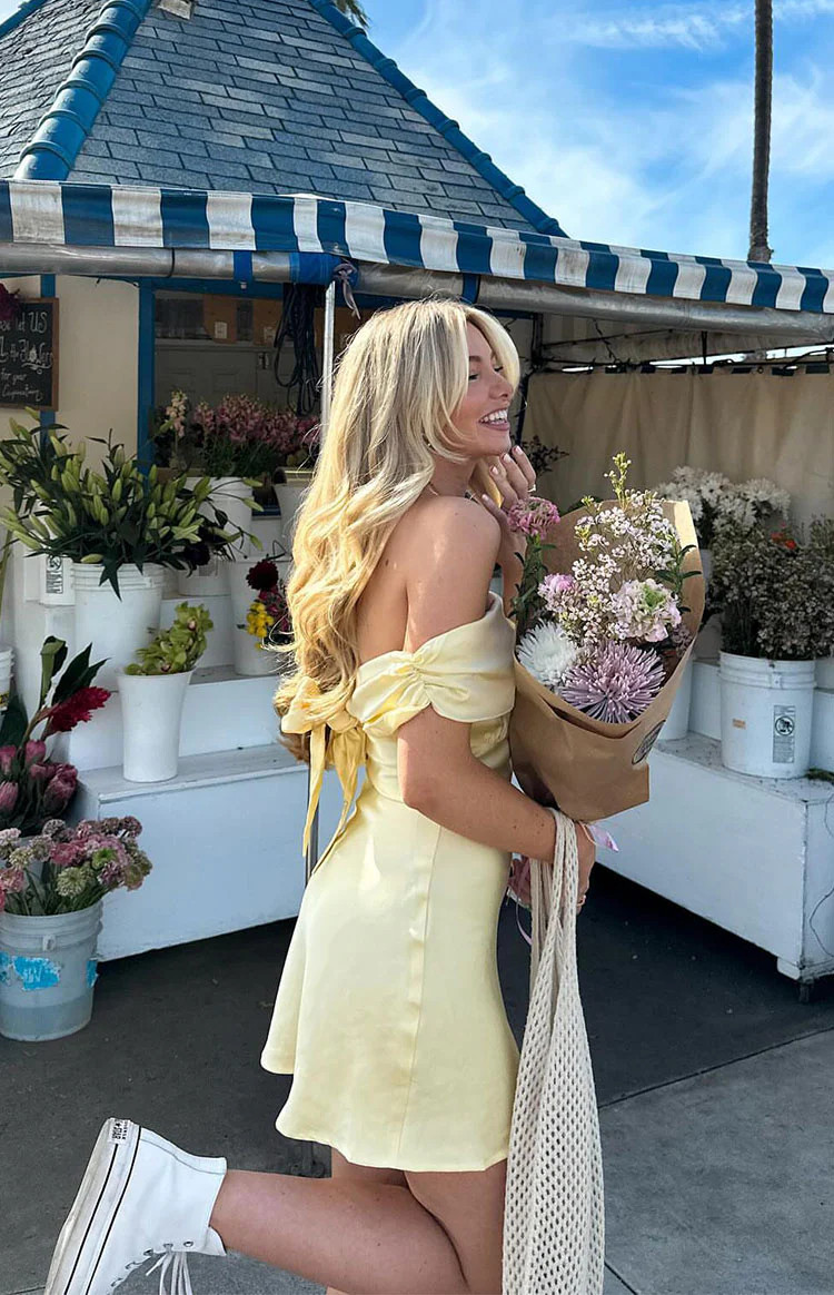 Primrose Yellow Satin Off the Shoulder Mini Dress | Beginning Boutique (AU)