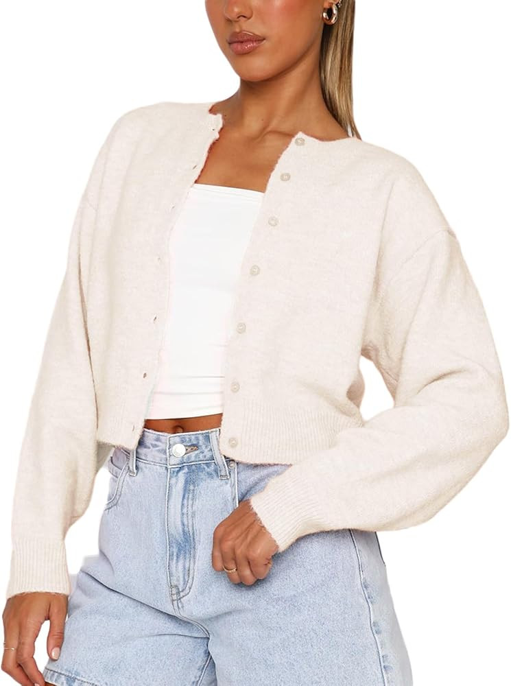Women Crop Sweater Cardigan, Crew Neck Knit | Amazon (US)