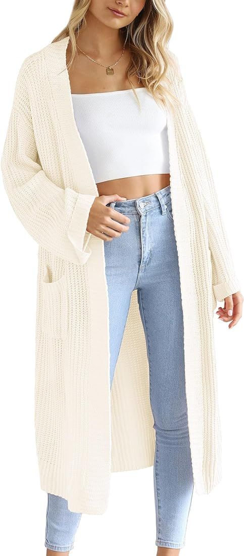 PRETTYGARDEN Women's 2024 Fall Long Cardigan Sweaters Open Front Long Sleeve Loose Fit Pockets Kn... | Amazon (US)
