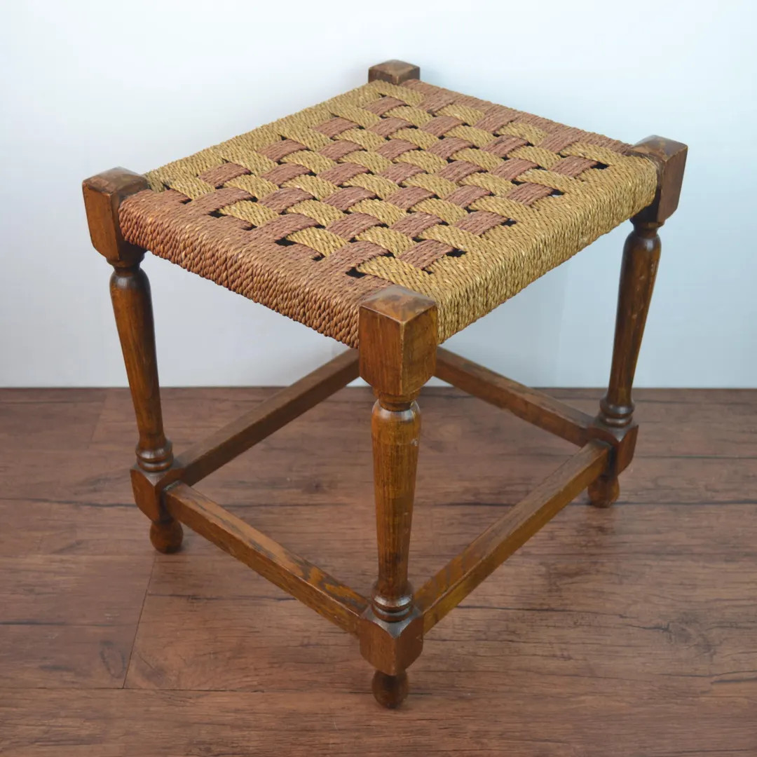 Vintage Mid Century Rush Stool With Turned Wood Legs | Etsy (US)