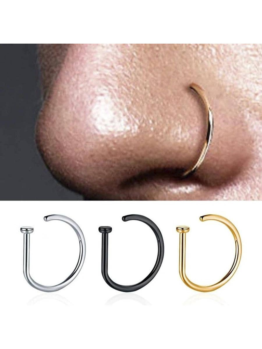 3Pcs Women Men Fake Piercing Nose Ring Fashion D-shape Punk Non Piercing Nose Clip Stainless Stee... | SHEIN