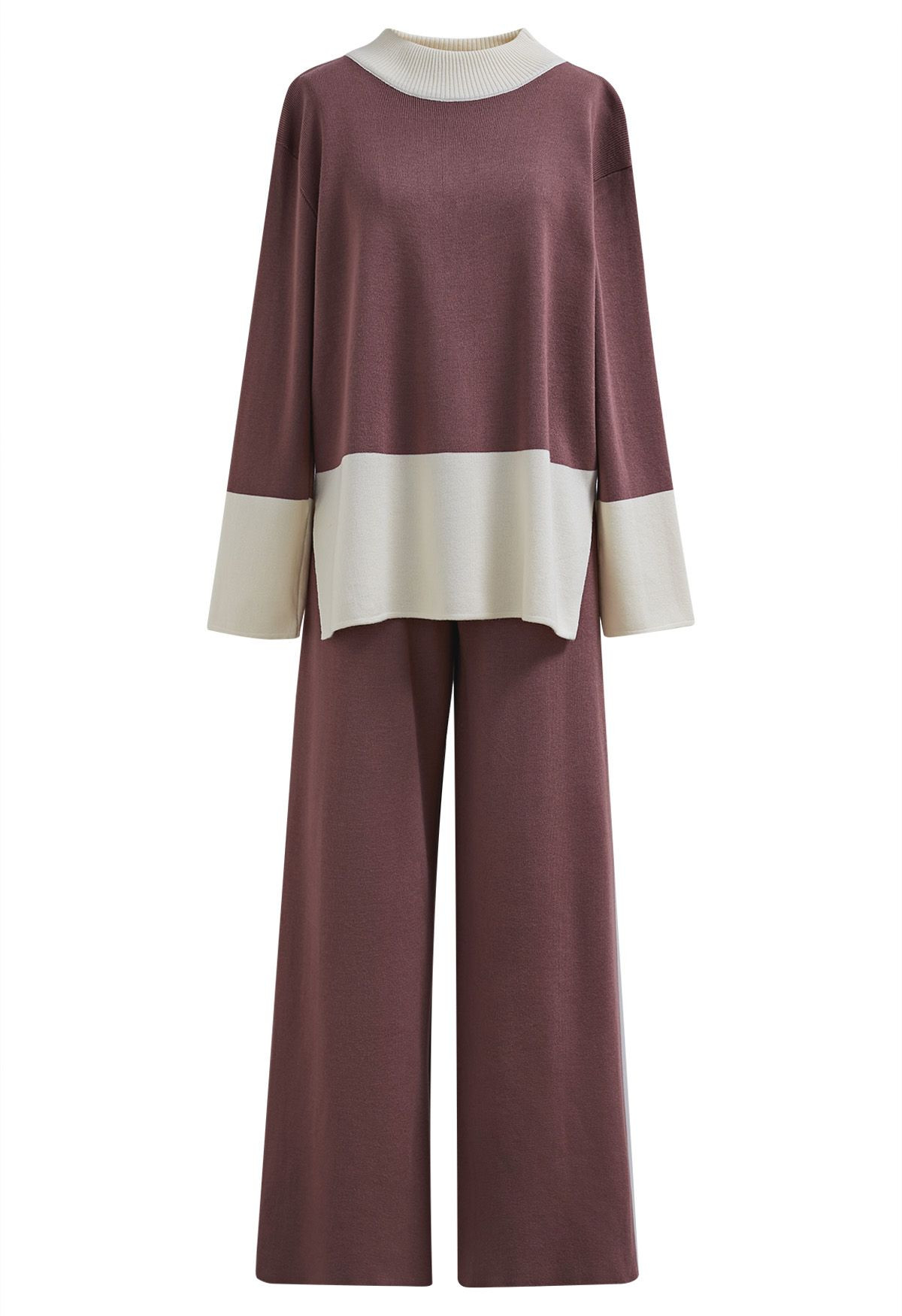 Color Block Mock Neck Knit Sweater and Pants Set in Rust Red | Chicwish