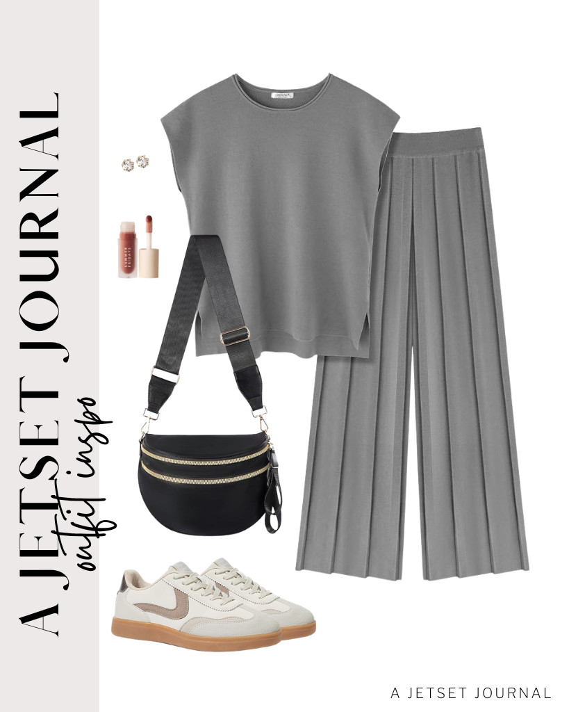 Pair the next outfit, featuring a gray top and pleated pants, with LUCKY STEP retro sneakers for a clean look. I'm also adding a trendy checkered crossbody bag! To complete the outfit, wear these stylish stud earrings and apply Summer Fridays Dream Lip Oil.

#LTKSeasonal #LTKSaleAlert #LTKTravel
 

 