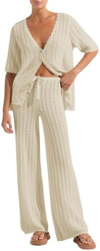 Imily Bela Women's Summer 2 Piece Swimsuit Cover up Crochet Knit Cardigan Tops Long Pants Set Bat... | Amazon (US)