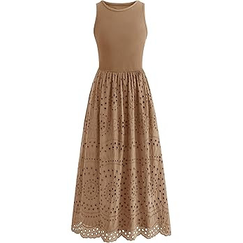 dowerme Women Summer Dresses 2026 Casual Sleeveless Crewneck A-Line Boho Lace Eyelet Cotton Tank ... | Amazon (US)