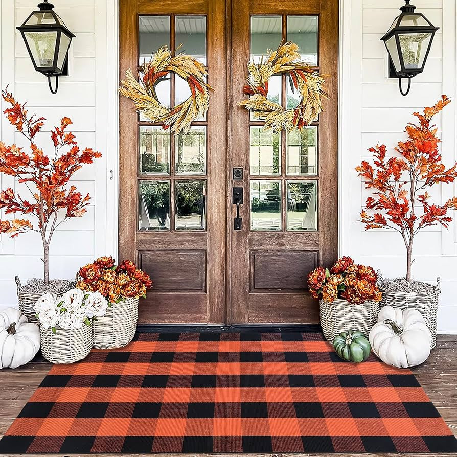 Orange and Black Plaid Rug, 3' x 5' Fall Outdoor Front Door Decor Mat, Cotton Washable Hand-Woven... | Amazon (US)