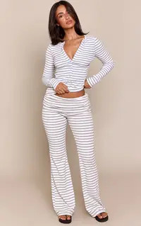 Petite Grey Marl Stripe Foldover Waist Flared Trousers Co ord | PrettyLittleThing UK