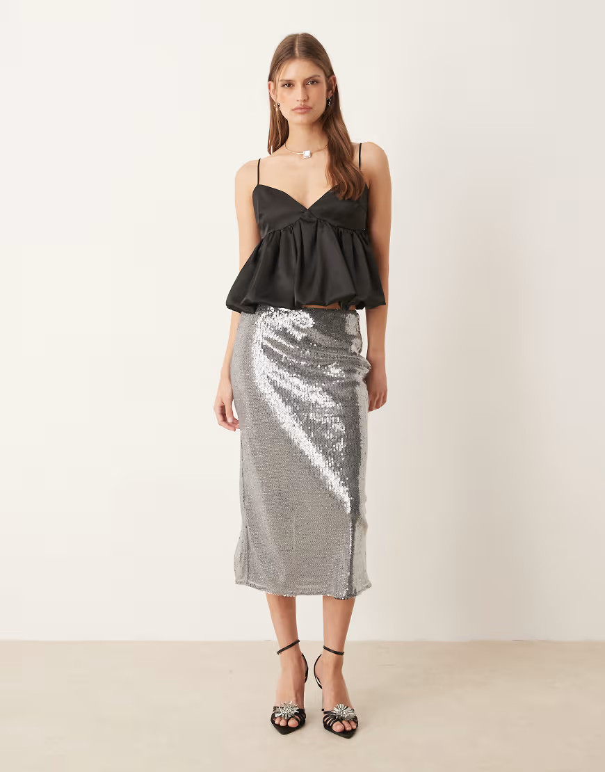 Mango micro sequin midi skirt in silver | ASOS (Global)