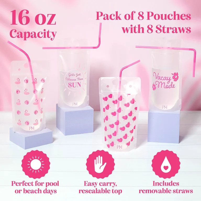 Paris Hilton 16-Ounce Reusable Drink Pouch Set with Straws, Vacay Mode, 8 Pack - Walmart.com | Walmart (US)