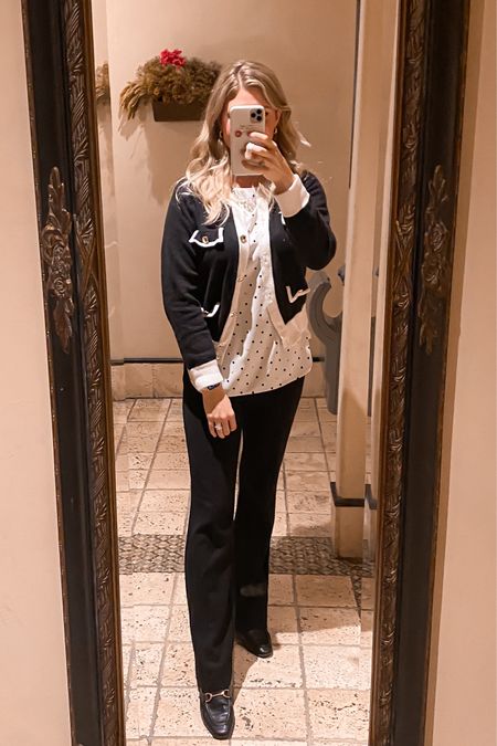 Business professional corporate  conference outfit. Black pants with flared bottom makes for a lovely silhouette paired with classic black loafers (love Steve Madden). Two-toned sweater with gold detail buttons adds such a sleek tone that gives you a powerhouse girl boss vibe  


#LTKWorkwear #LTKShoeCrush #LTKStyleTip