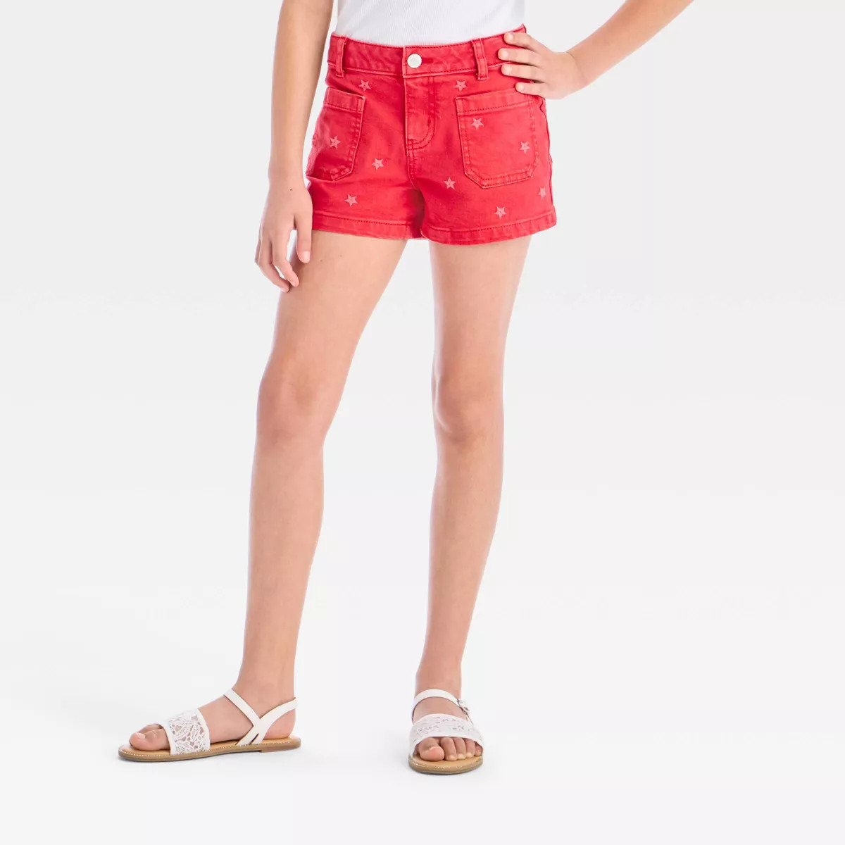 Girls' Mid-Rise Star Embroidered Denim Shorts - Cat & Jack™ Red | Target