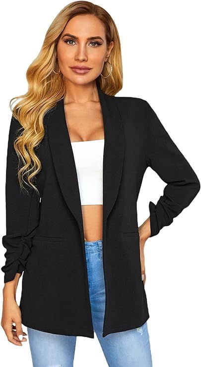 WDIRARA Women's Long Sleeve Open Front Blazer Casual Work Office Jacket | Amazon (US)