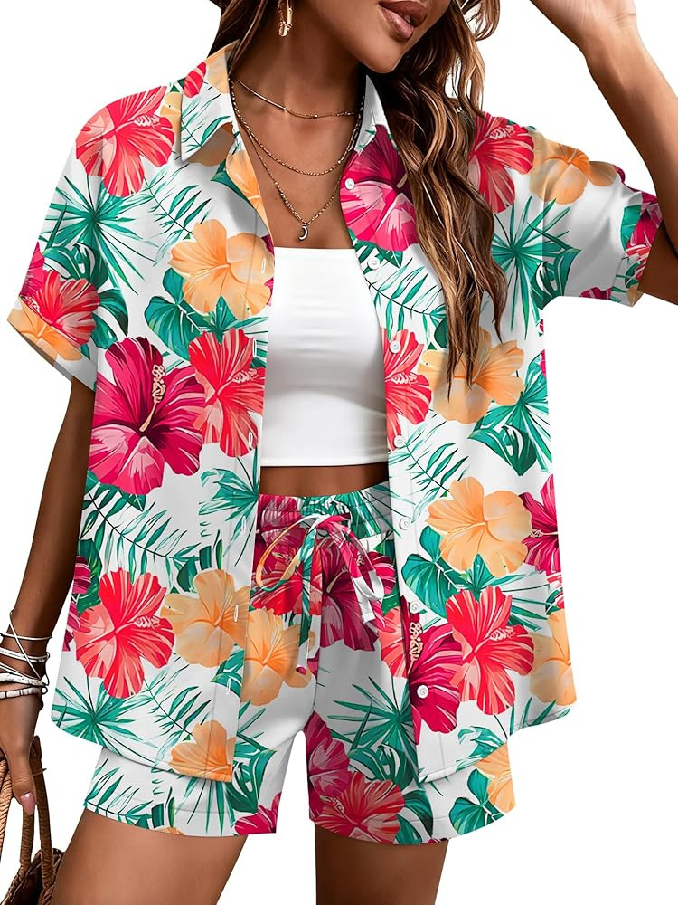 LOMON Women's 2 Piece Hawaiian Vacation Outfits Tropical Print Short Sleeve Shirts and Shorts Bea... | Amazon (US)