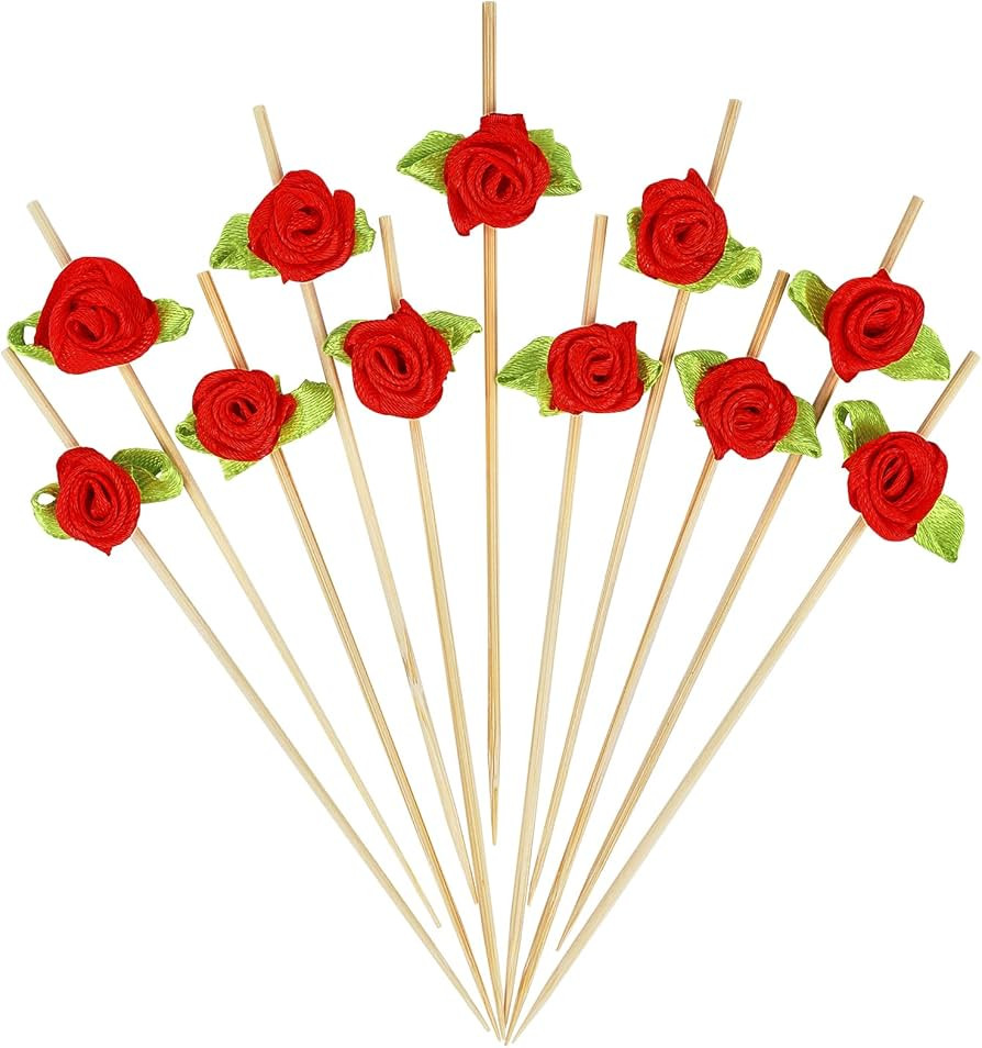 Minisland Red Rose Flower Cocktail Picks, 4.7 Inch Long Bamboo Fancy Toothpicks for Appetizers, D... | Amazon (US)
