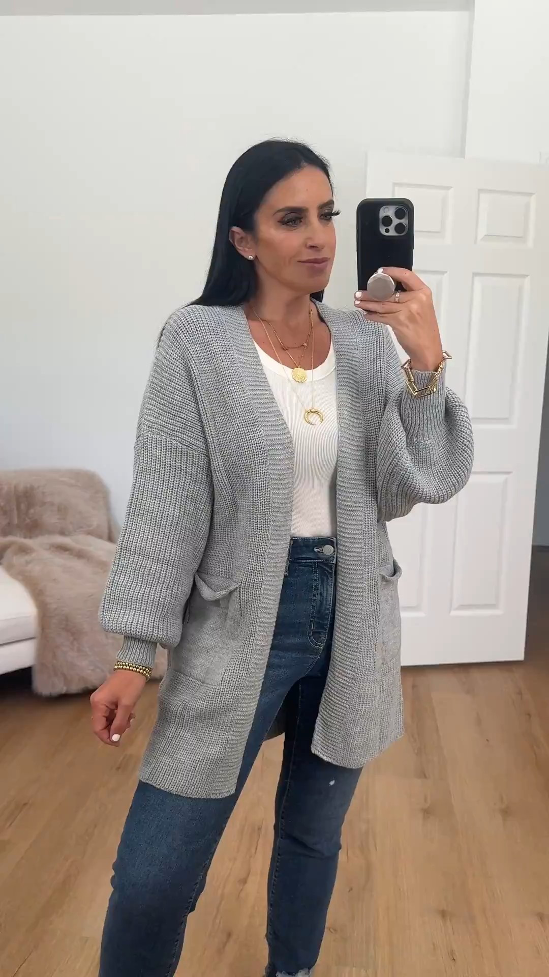 Womens Long Cardigan Sweater wearing size medium. 