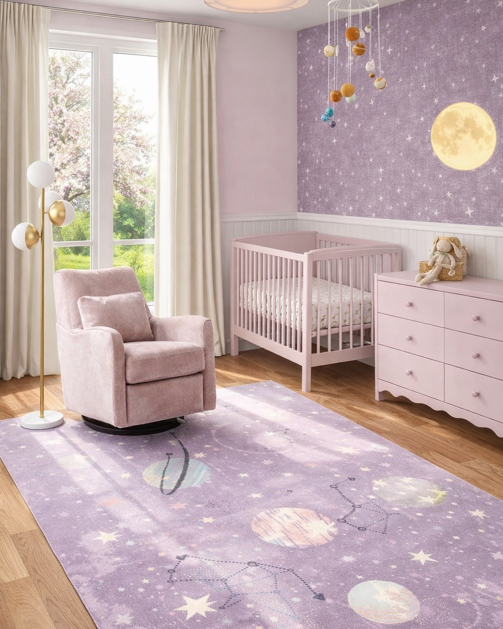 Cute purple nursery mood board, loving the Space rug from Wayfair, beautiful crib, affordable rocker, blush pink dresser, fun wallpaper. #homedecor #nursery 



#LTKHome #LTKBaby #LTKBump