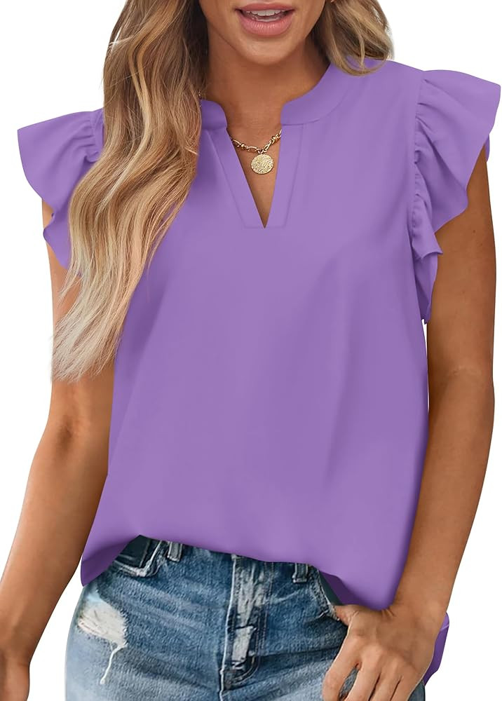 Zenlonr Womens Summer Tops 2025 Casual V Neck Ruffle Cap Sleeve Blouse Shirts Solid Color Tunic T... | Amazon (US)
