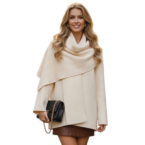 CHICWISH Women Wrap Scarf-Collar Open Front Knit Coat Fall Winter Fashion Long Sleeve Solid Knit Elegant Peacoat Ivory | Amazon (US)