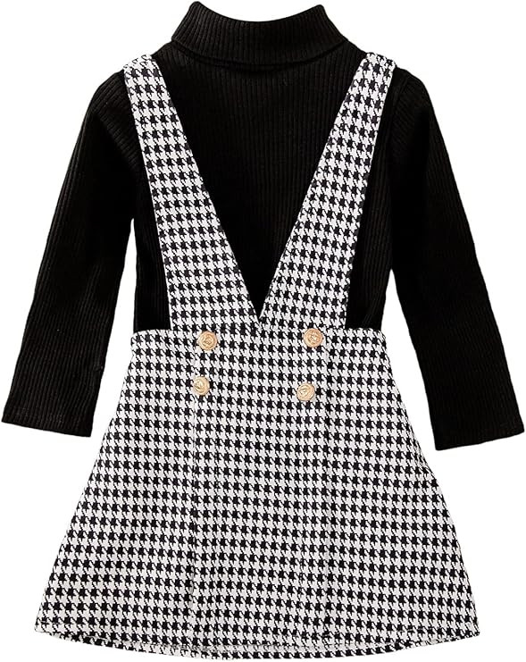 WDIRARA Toddler Girl's 2 Piece High Neck Rib Knit Top and Houndstooth Overall Dress | Amazon (US)
