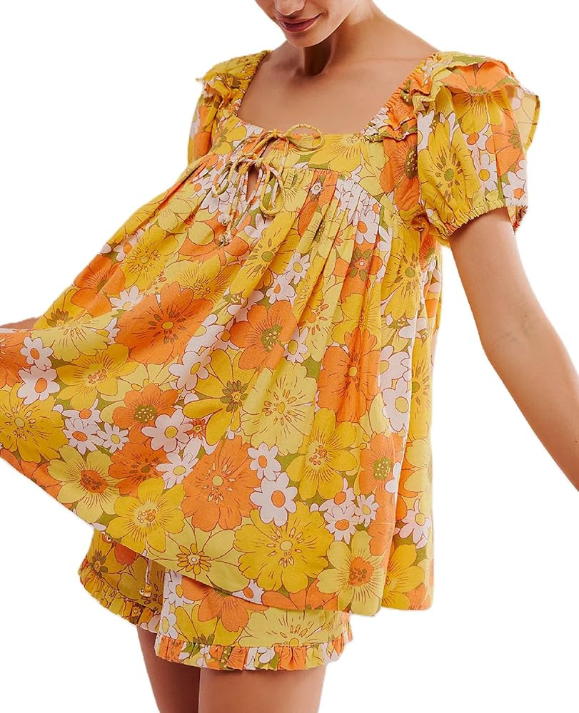 ROAONOCOMO Women Floral Pajama Set Ruffle Puff Sleeve Peplum Shirt Coquette Pj Set Bow Babydoll 2... | Amazon (US)