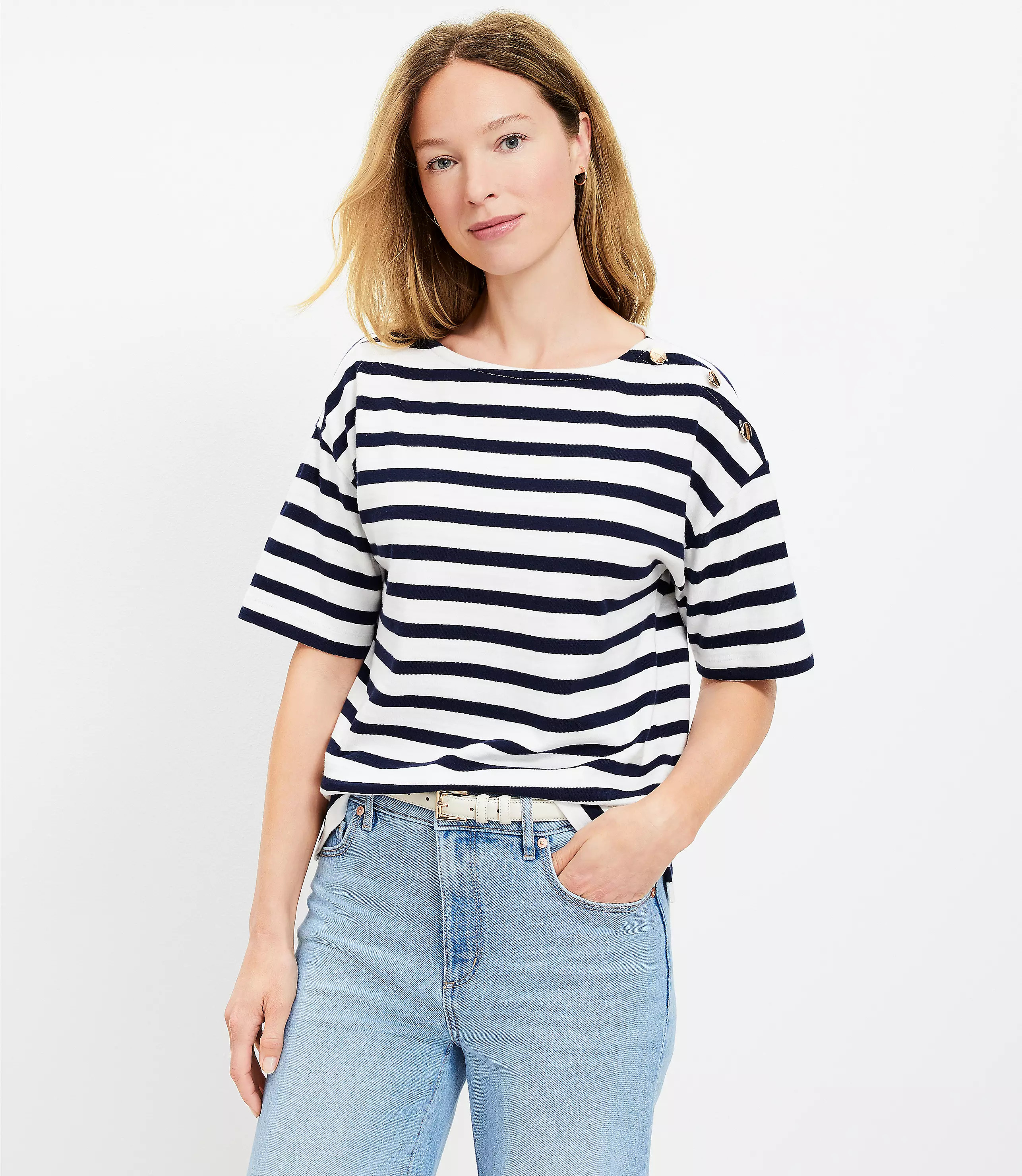 Striped Shoulder Button Harbor Tee | LOFT