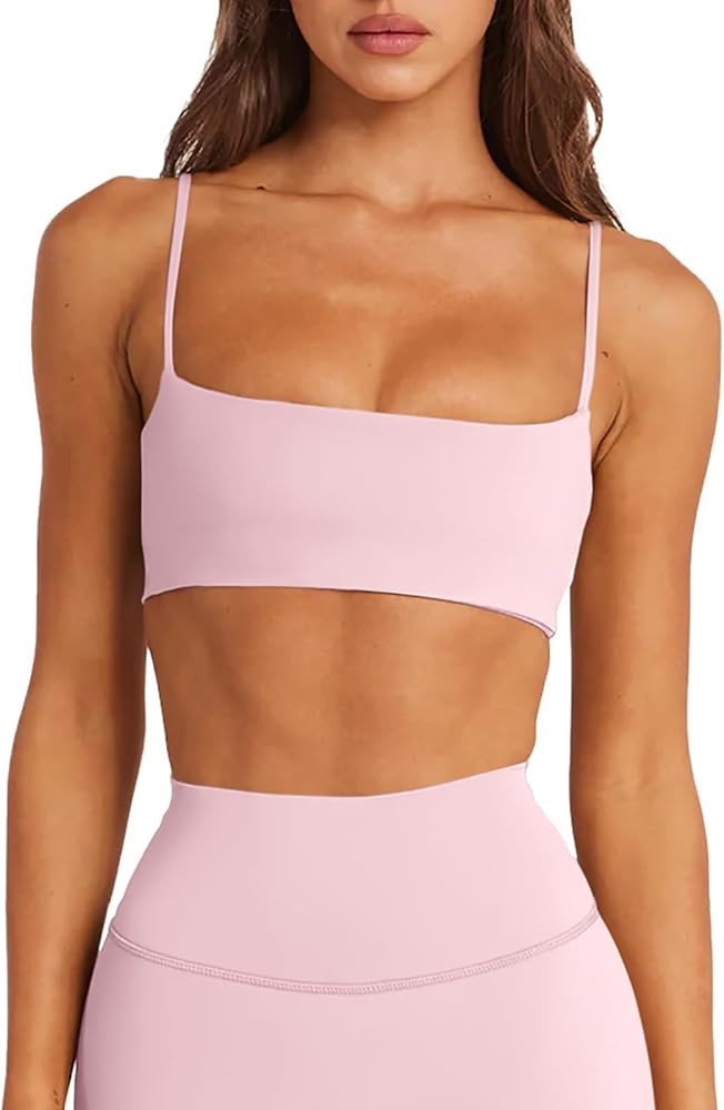 LASLULU Womens Adjustable Spaghetti Straps Sports Bra Square Neck Wireless Padded Workout Yoga Cr... | Amazon (US)