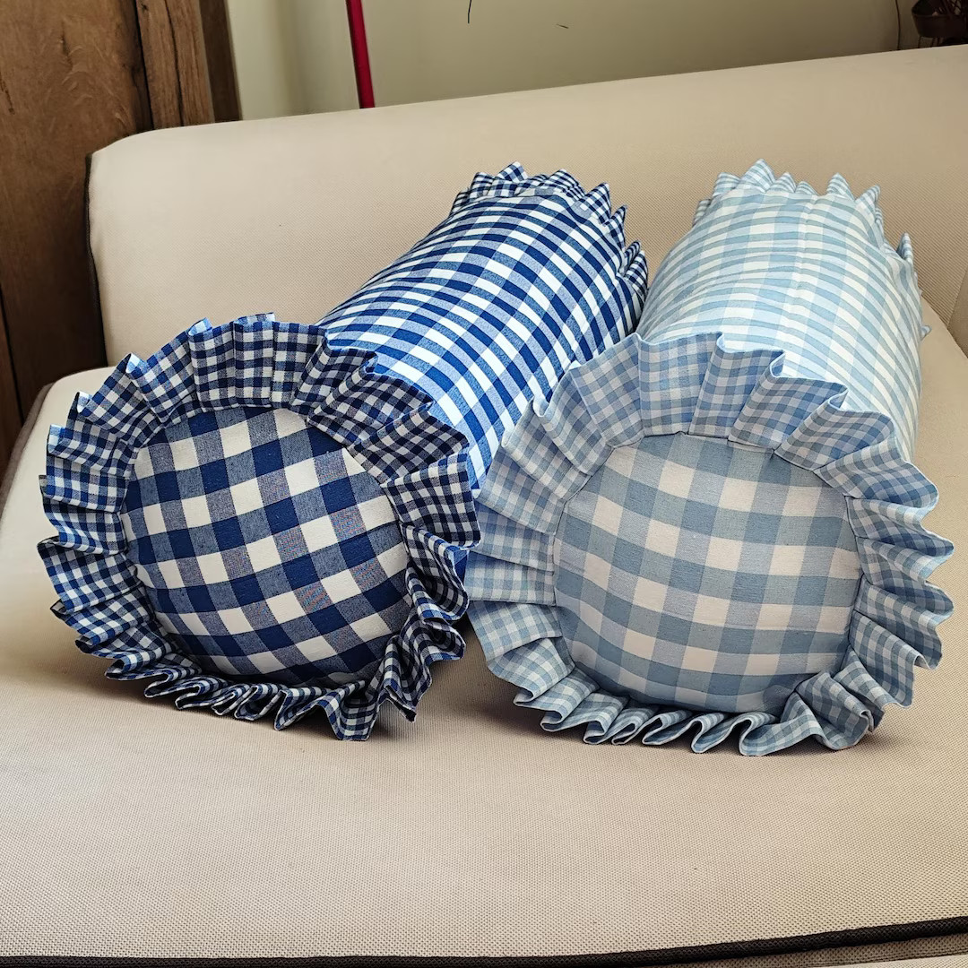 Blue Gingham Ruffle Bolster Pillow Cover, Custom Size/color Round Pillow Case, Cylinder Cushion D... | Etsy (US)