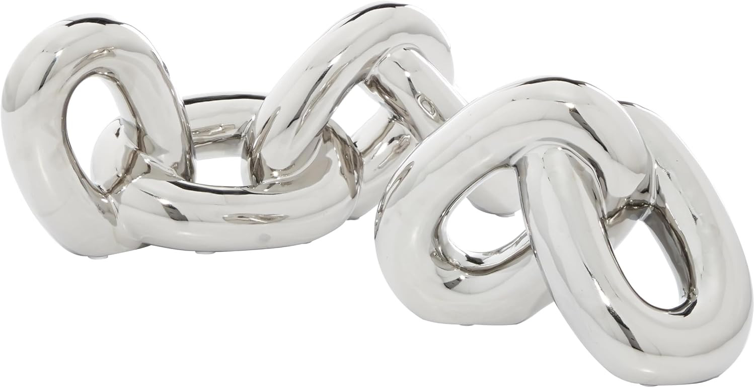 CosmoLiving by Cosmopolitan Porcelain Ceramic Chain Decorative Sculpture Home Decor Statues, Set of 2 Accent Figurines 15"W, 6"H, Silver | Amazon (US)
