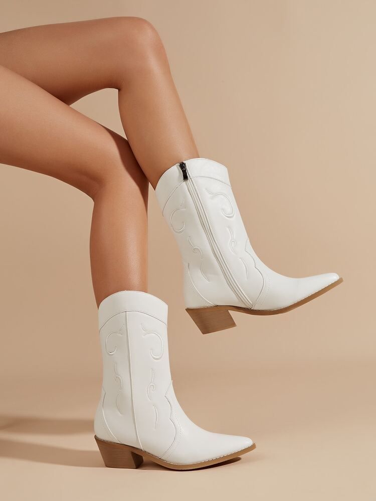 Women Zip Side Embroidered Detail Western Boots, Elegant Outdoor White Cowboy Boots | SHEIN