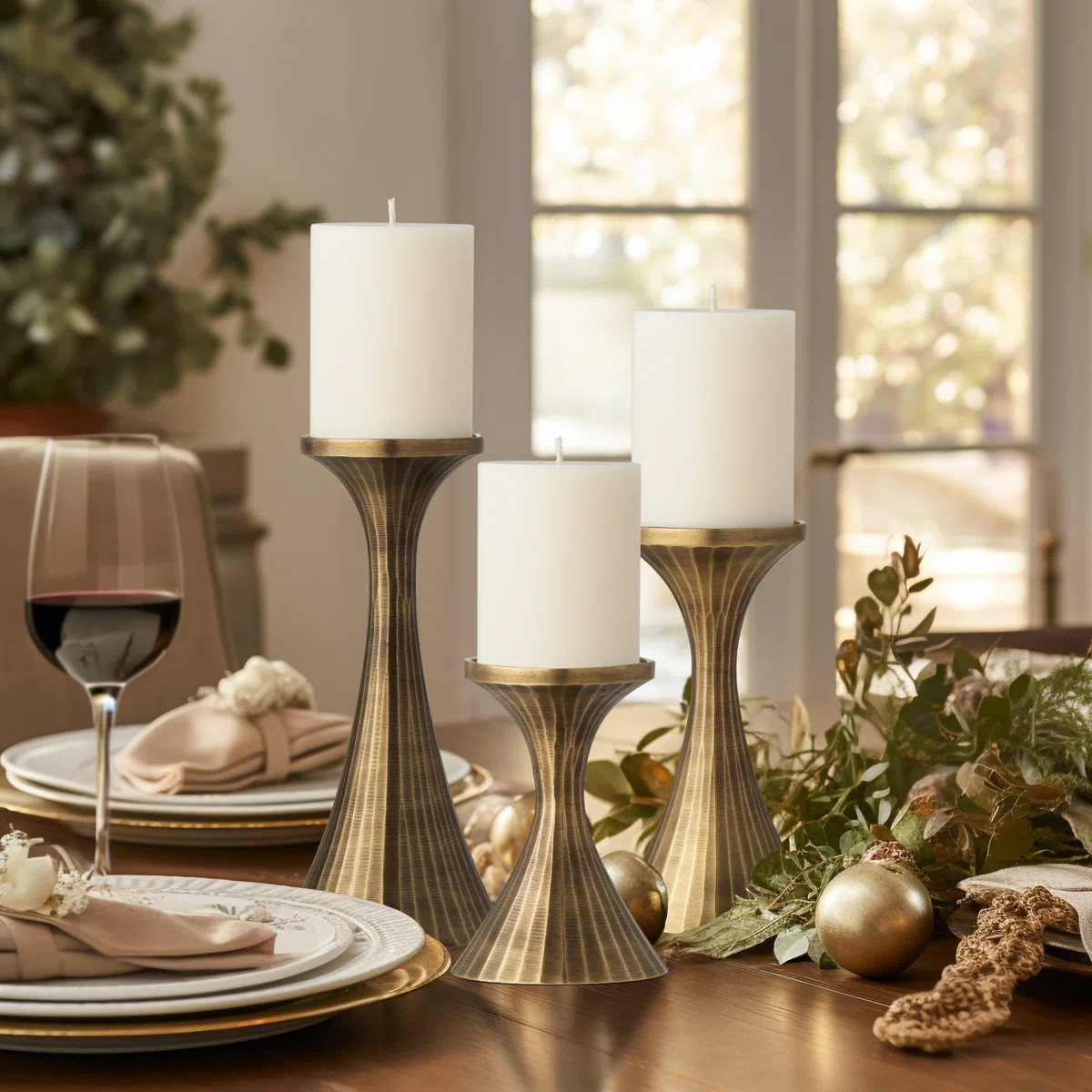 Set of 3 Aluminum Handmade Decorative Pillar Candle Holders (Brass) | Wayfair North America