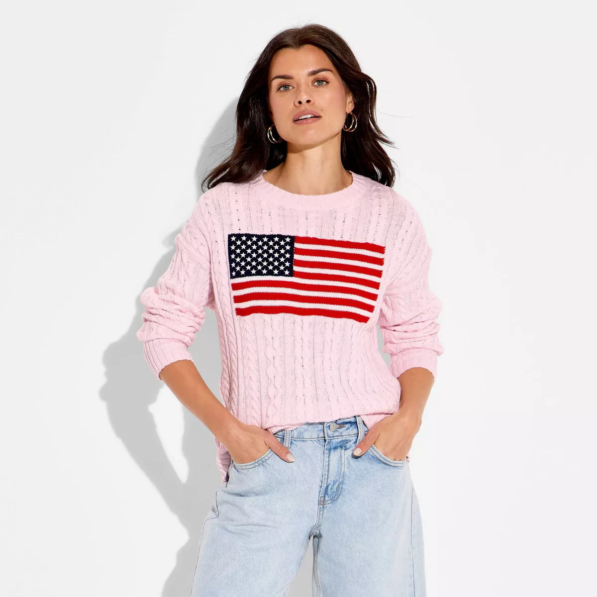 Women's Crewneck Americana Flag Pullover Sweater - Wild Fable™ Light Pink Flags M | Target