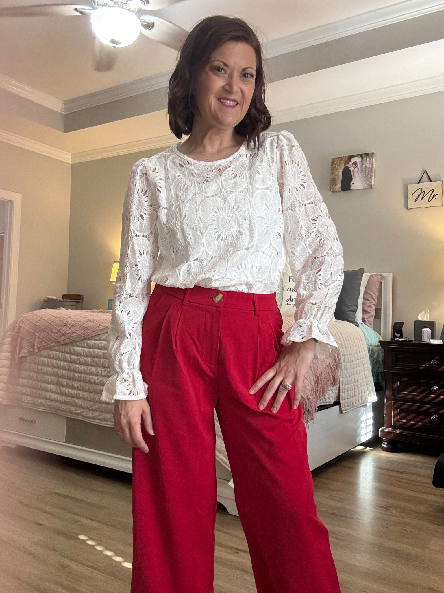 Work chic in a wide leg red pant and a gorgeous lace eyelet top!

#amazonfashion #amazonfind #workwear #teacheroutfit

#LTKOver40 #LTKStyleTip #LTKWorkwear