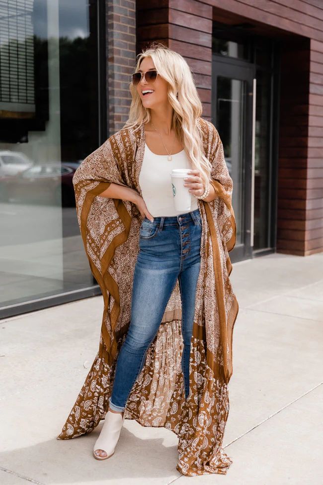 In High Spirits Brown Paisley Maxi Kimono | The Pink Lily Boutique