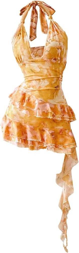 Verdusa Women's Summer Dress Y2k Halter Mini Dress Mesh Backless Dress Floral Ruffle Dress Weddin... | Amazon (US)