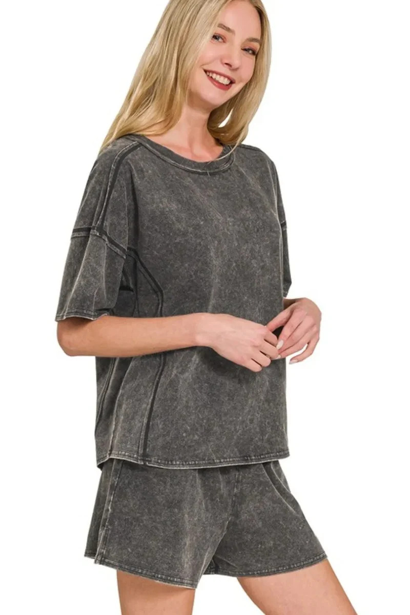 Zenana Acid Washed Short Sleeve Tee & Shorts Set | Charming Charlie