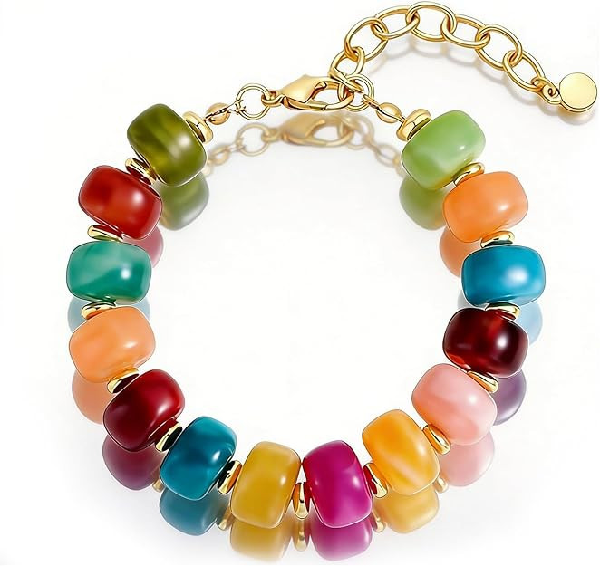 Summer Bracelets for Women Colorful Resin Beaded Bracelet Chunky Boho Beach Jewelry Gold Tone Adj... | Amazon (US)