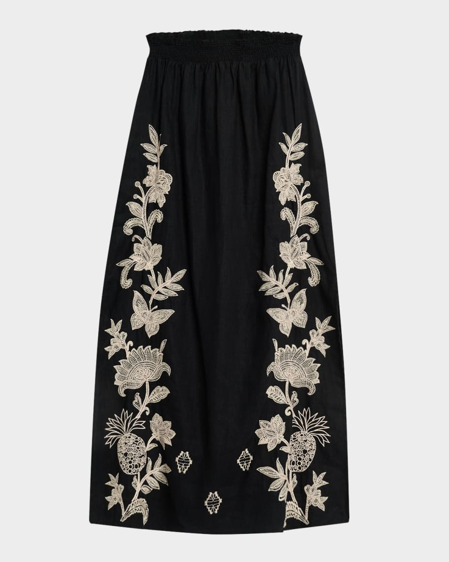 Johnny Was Orla Floral-Embroidered Linen Maxi Skirt | Neiman Marcus