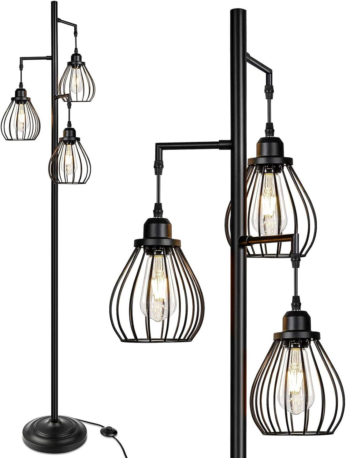 Industrial Floor Lamp for Living Room, Tree Floor Lamp with 3 Elegant Teardrop Cage Head& ST58 Ed... | Amazon (US)