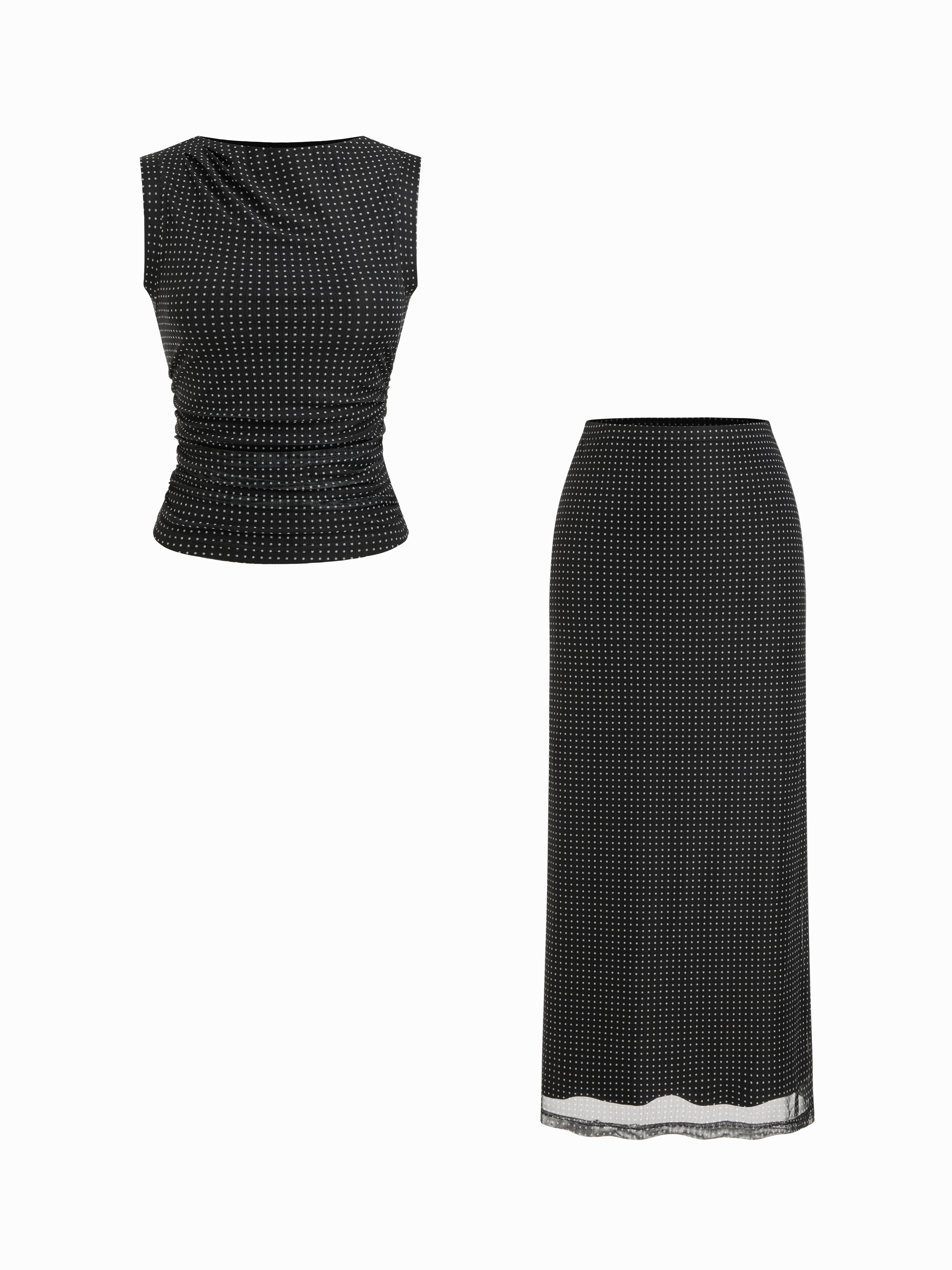 Mesh Mesh Polka Dot Ruched Top & Mid Rise Mermaid Maxi Skirt Set For Daily Casual | Cider