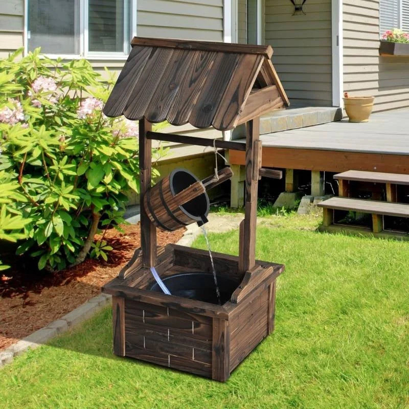 Outdoor Garden Solid Wood Wishing Well Water Fountain with Bucket and | Plow & Hearth